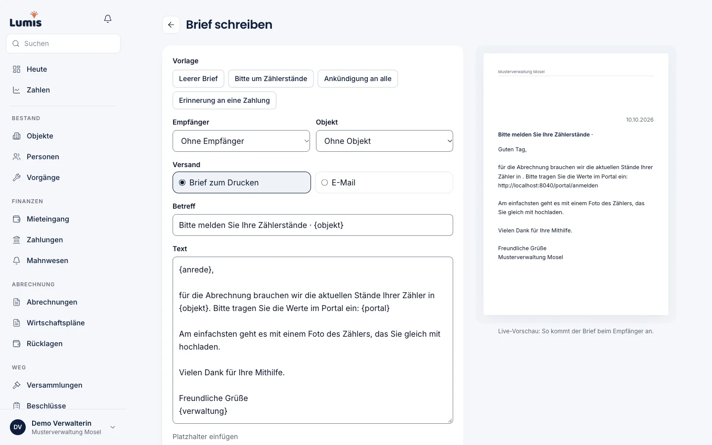 Lumis Brief schreiben mit Vorlagen und Live-Vorschau